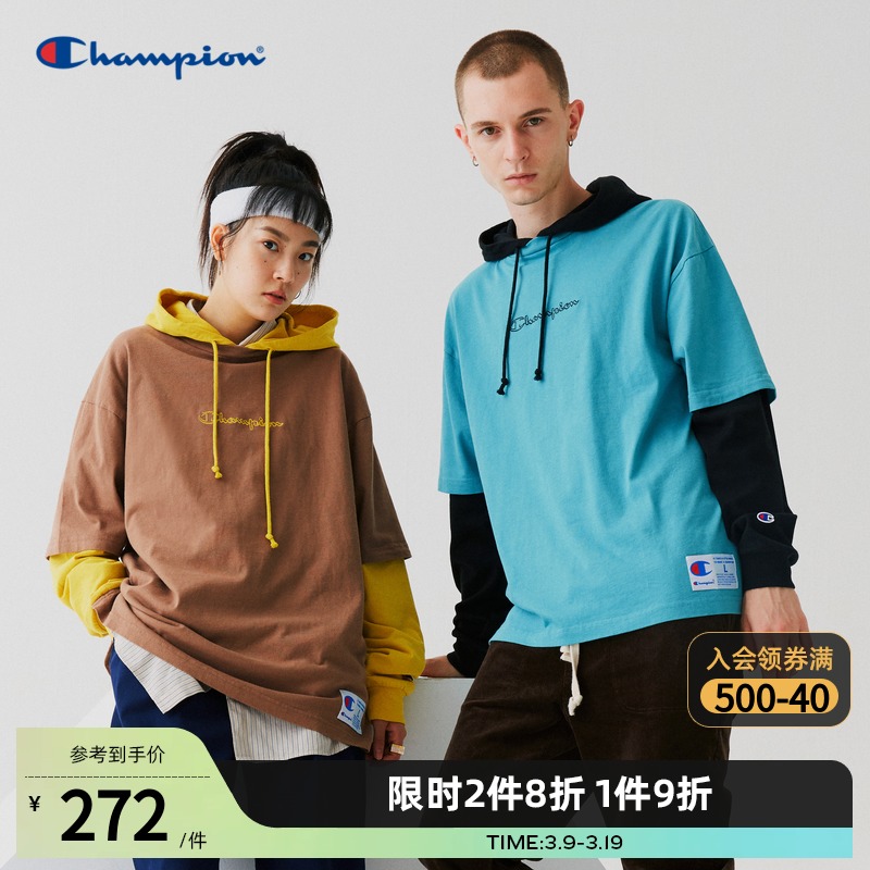 Champion冠军长袖T恤春秋情侣装拼接连帽假两件卫衣复古美式街头