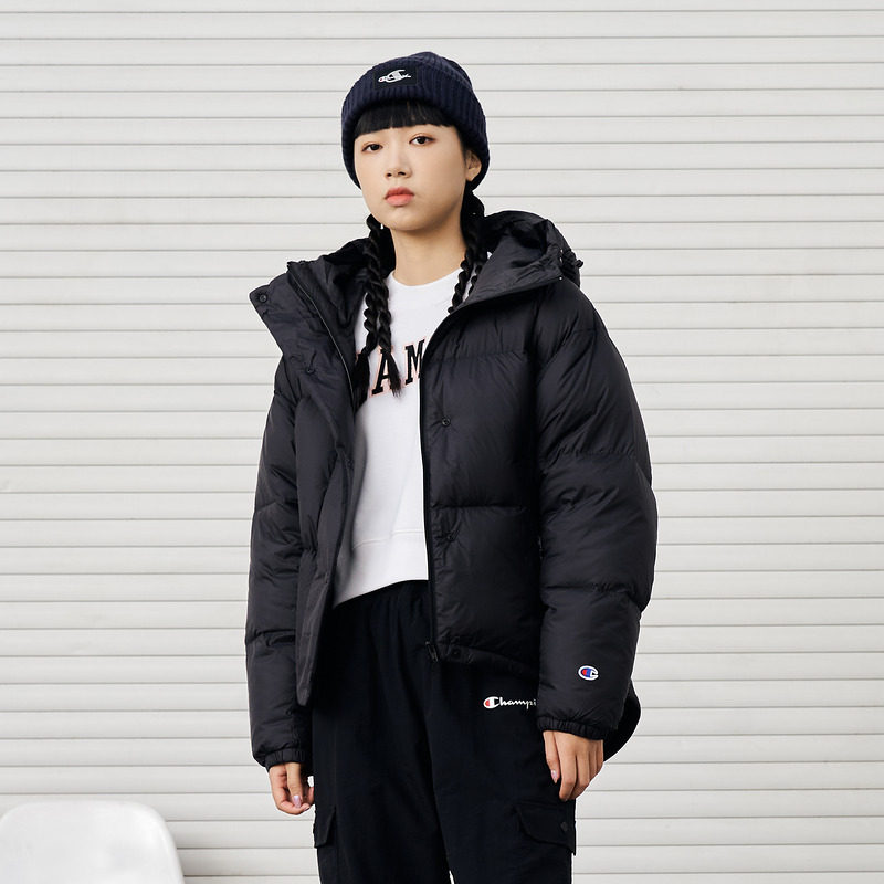 champion冠军官网黑色卡其色连帽外套短款日系鸭绒羽绒服女保暖