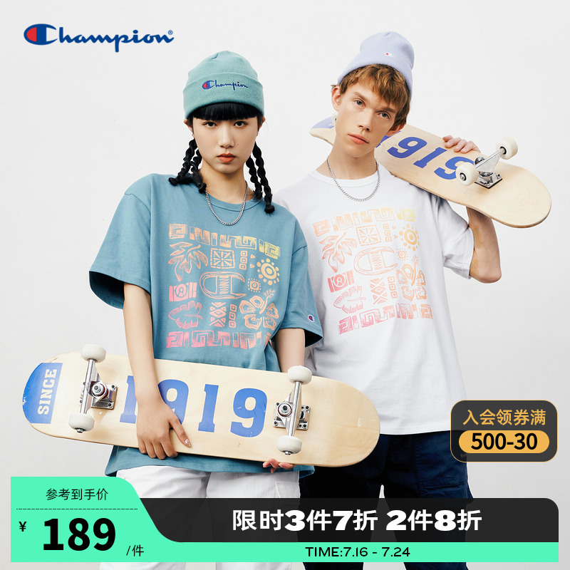 Champion冠军官网夏季新款字母印花蓝色情侣纯棉男女短袖t恤时尚