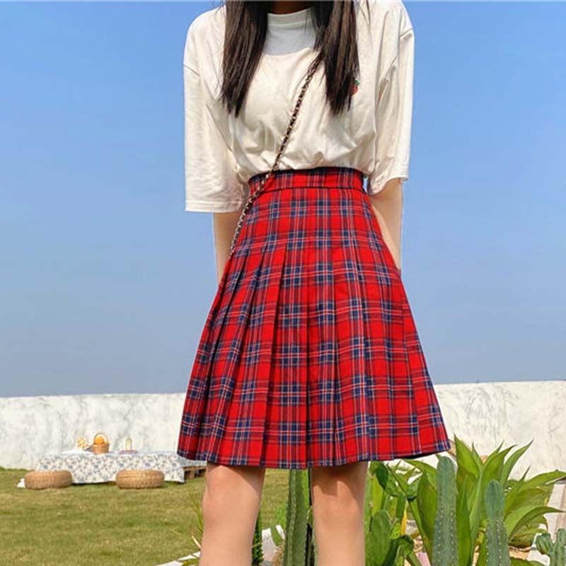 格子红色百褶裙新款女装2021夏装高腰格裙字裙半身裙