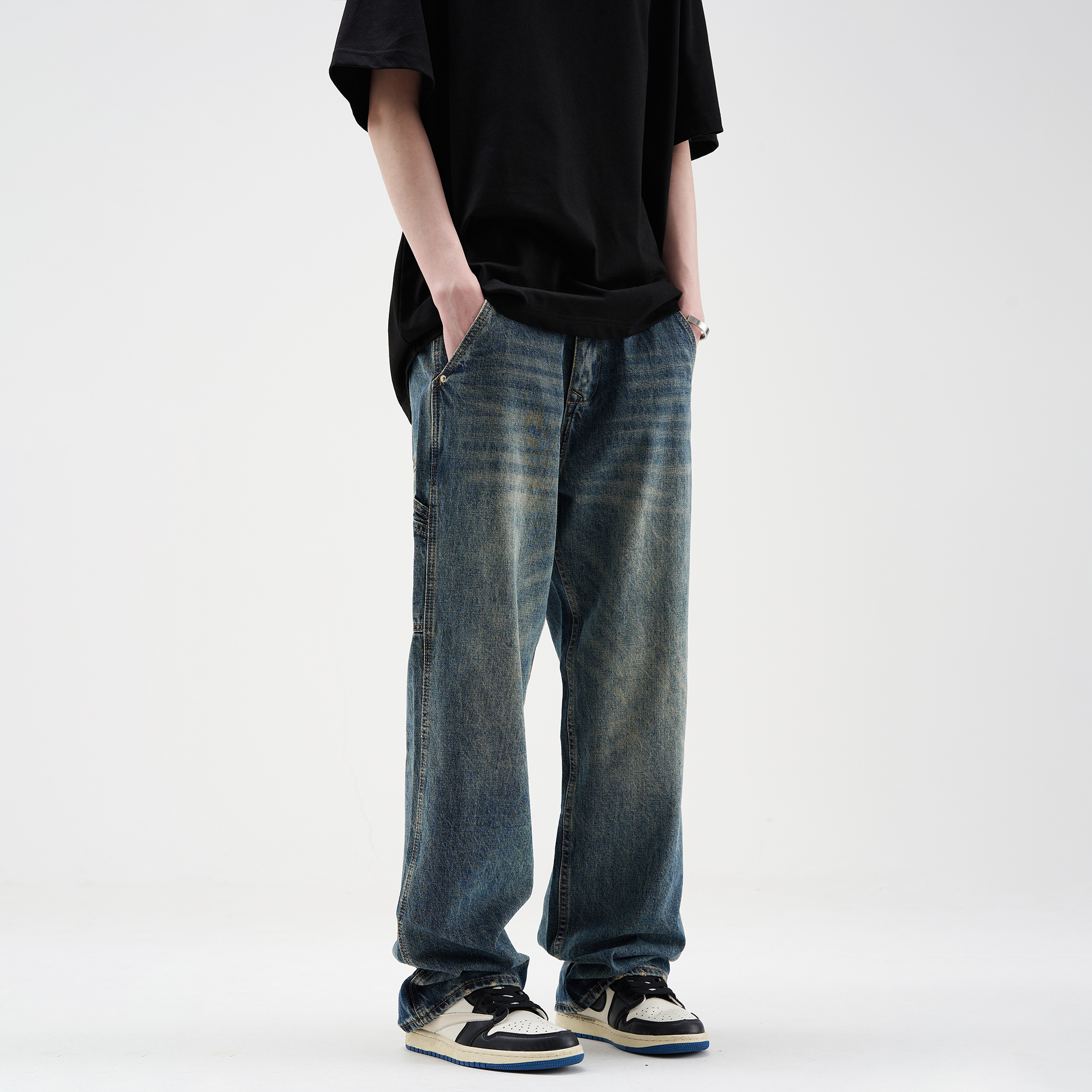 MADSHED美式复古工装牛仔裤水洗做旧宽松阔腿坠感拖地直筒裤长裤