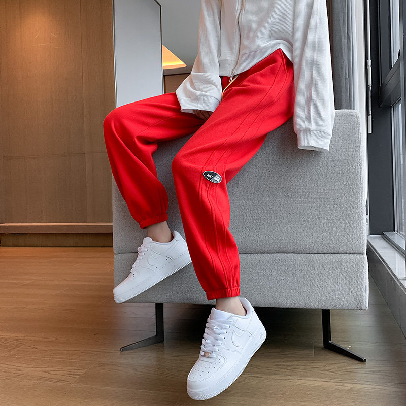 红色束脚运动裤女2022新款薄款裤子春夏宽松休闲裤