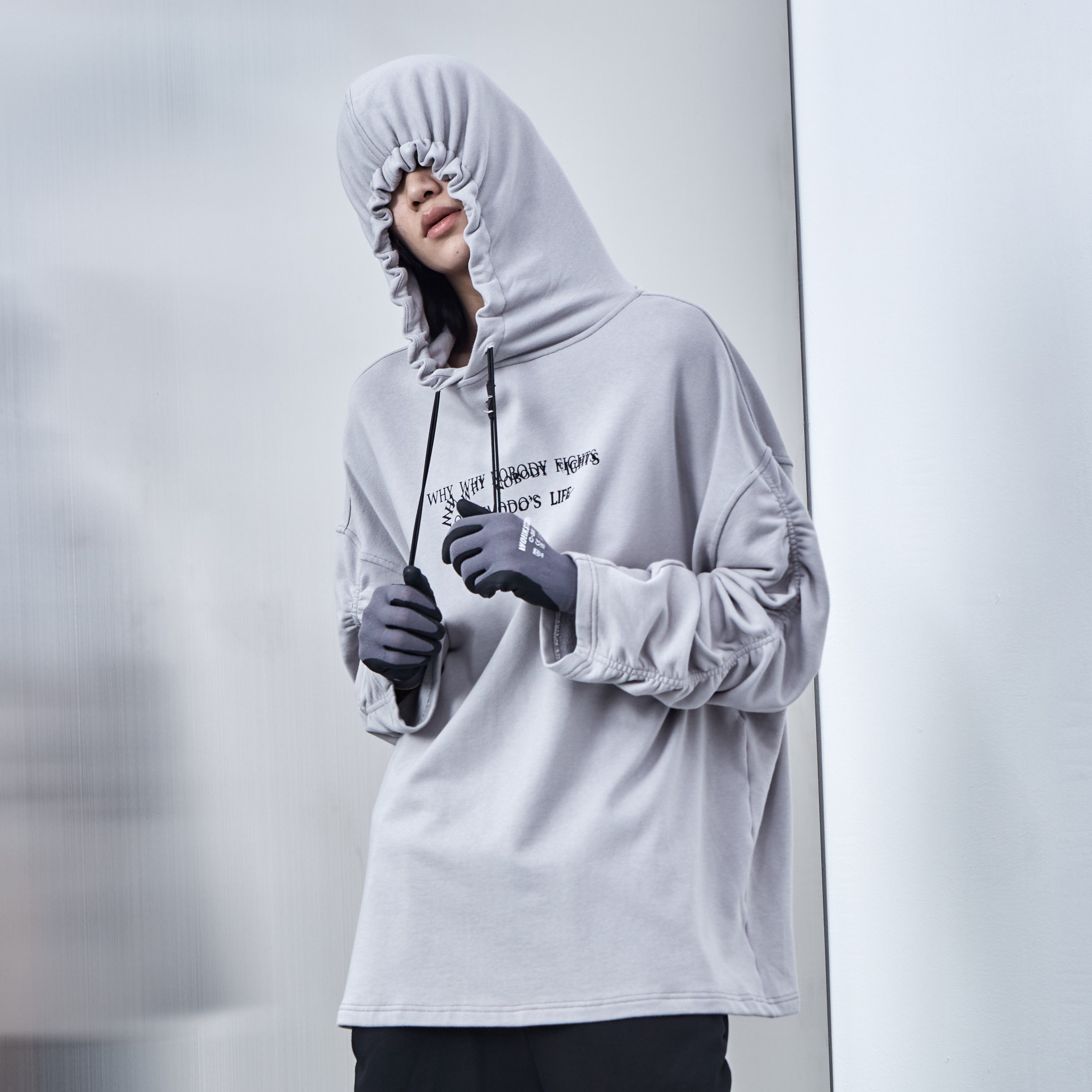 pclp褶皱袖连帽卫龙骨袖子印花宽松潮牌帽衫卫衣