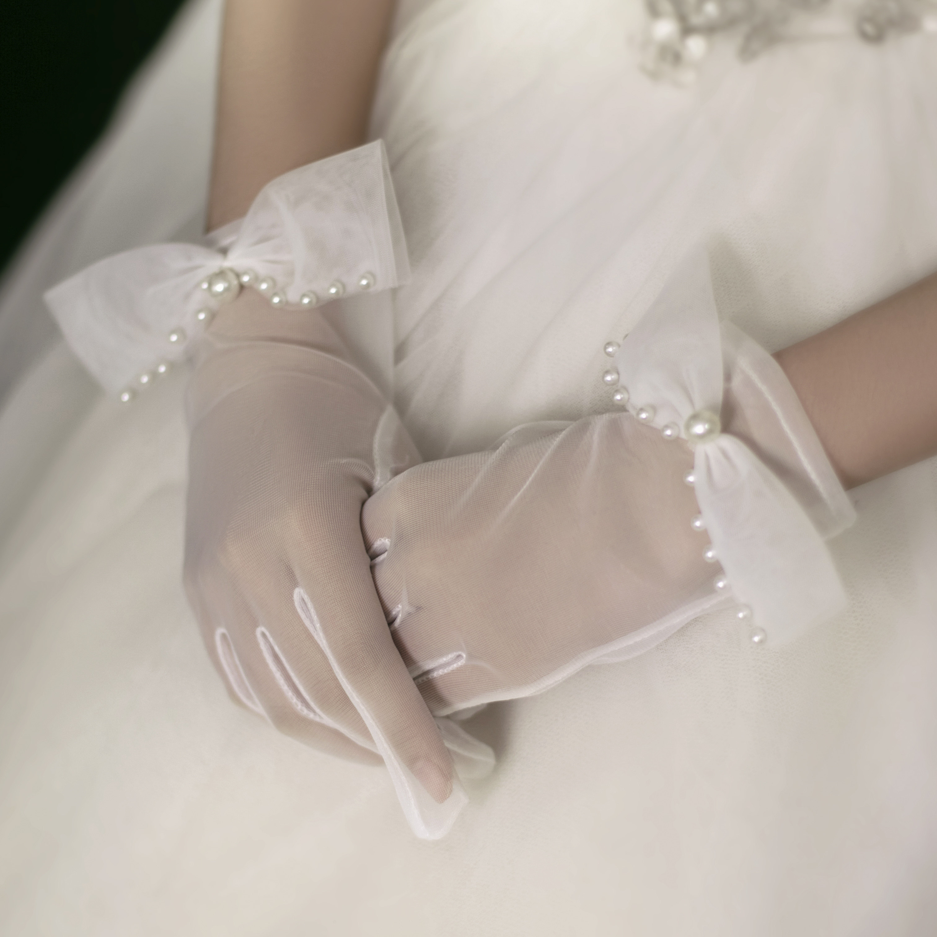 兮木婚品韩式蕾丝白色蝴蝶结复古新娘手套白纱婚纱手套