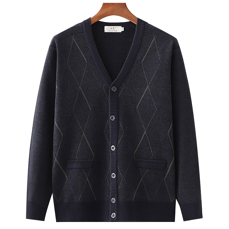 提花春秋冬父亲老人爷爷加厚毛衣外套中老年男爸爸毛线开衫针织衫