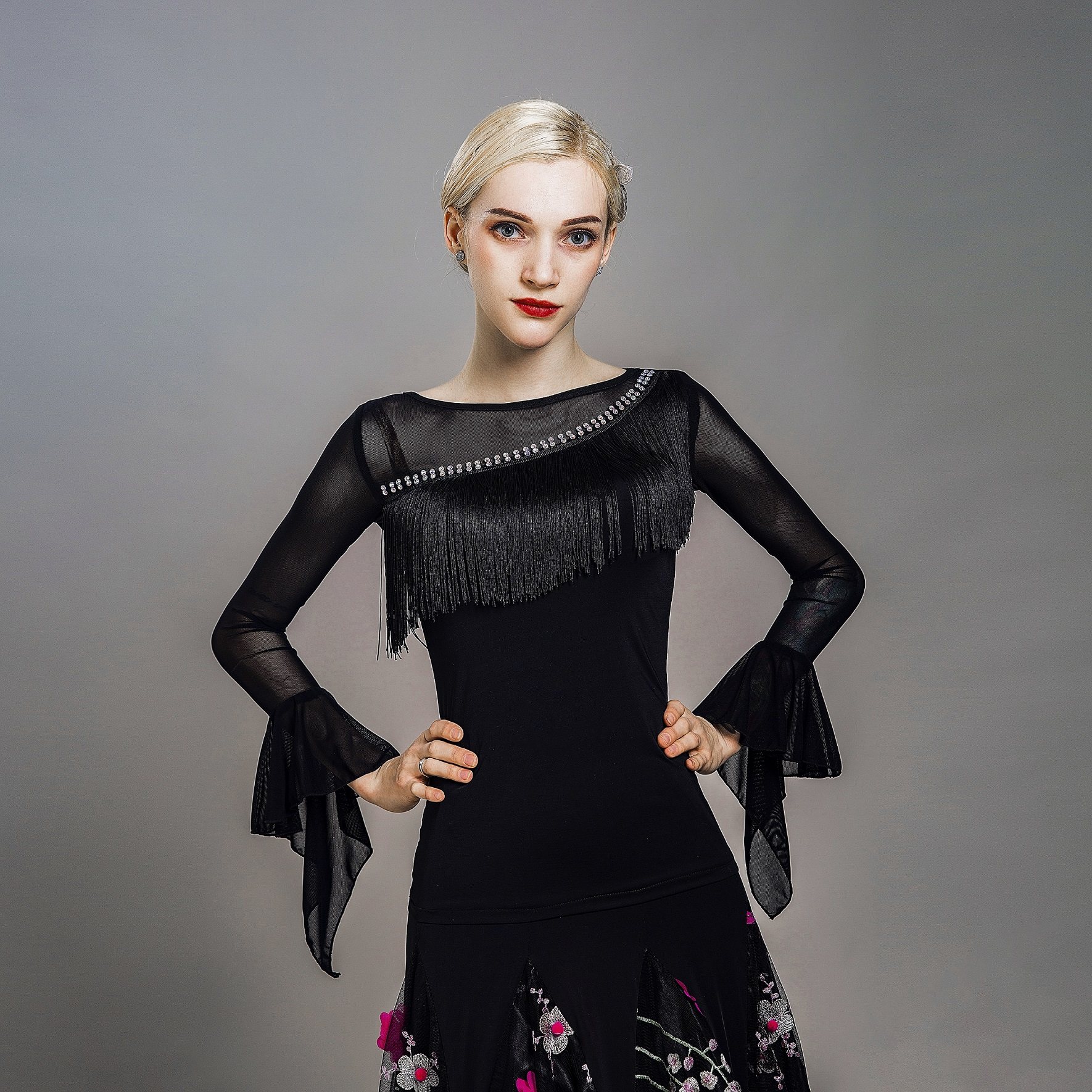 摩登上衣流苏手工烫钻舞服练功上装舞蹈打底摩登舞上装