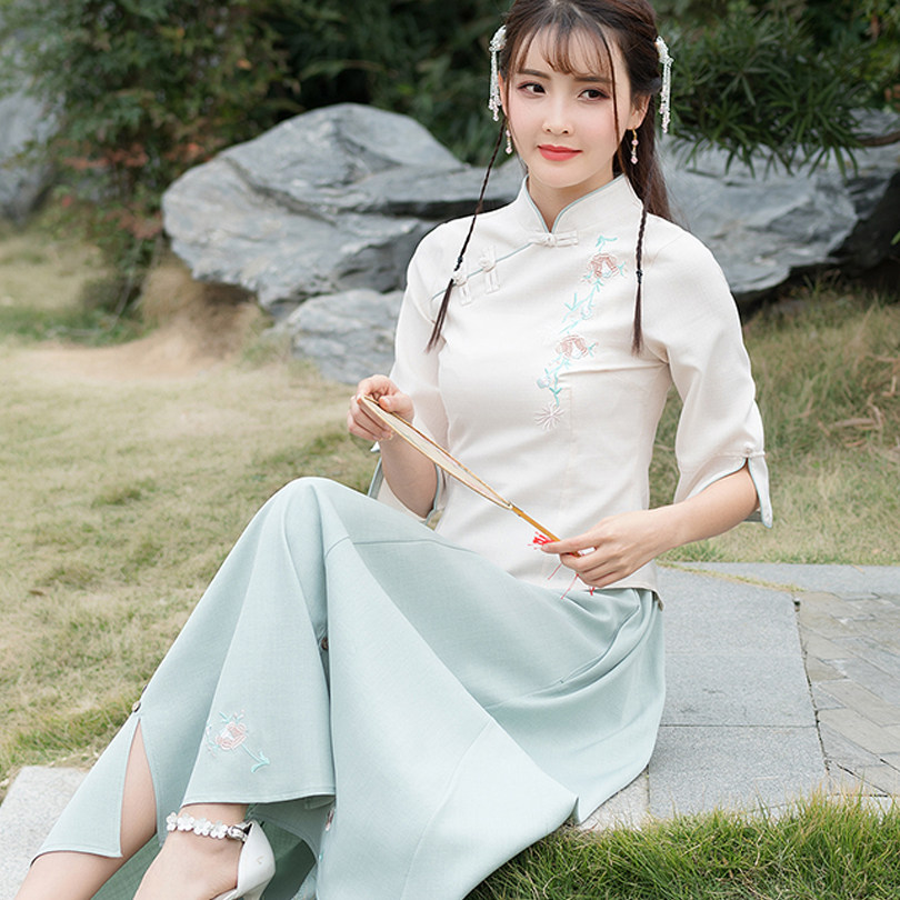 民国女学生套装棉麻汉服修身显瘦中袖立领绣花春夏中国风旗袍长裙