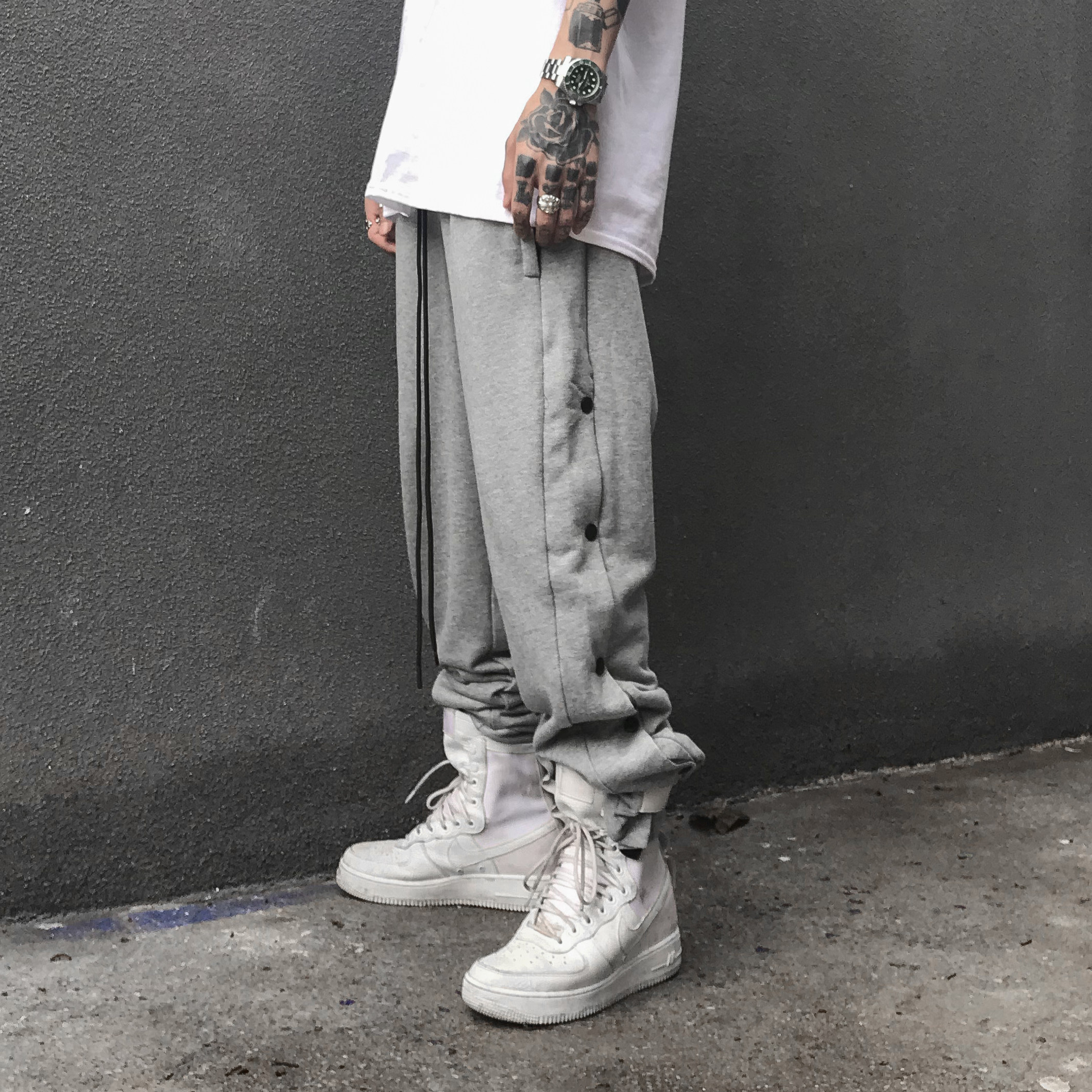 fog纽扣裤魔术贴束脚侧边排扣宽松大码运动休闲潮牌篮球长卫裤男