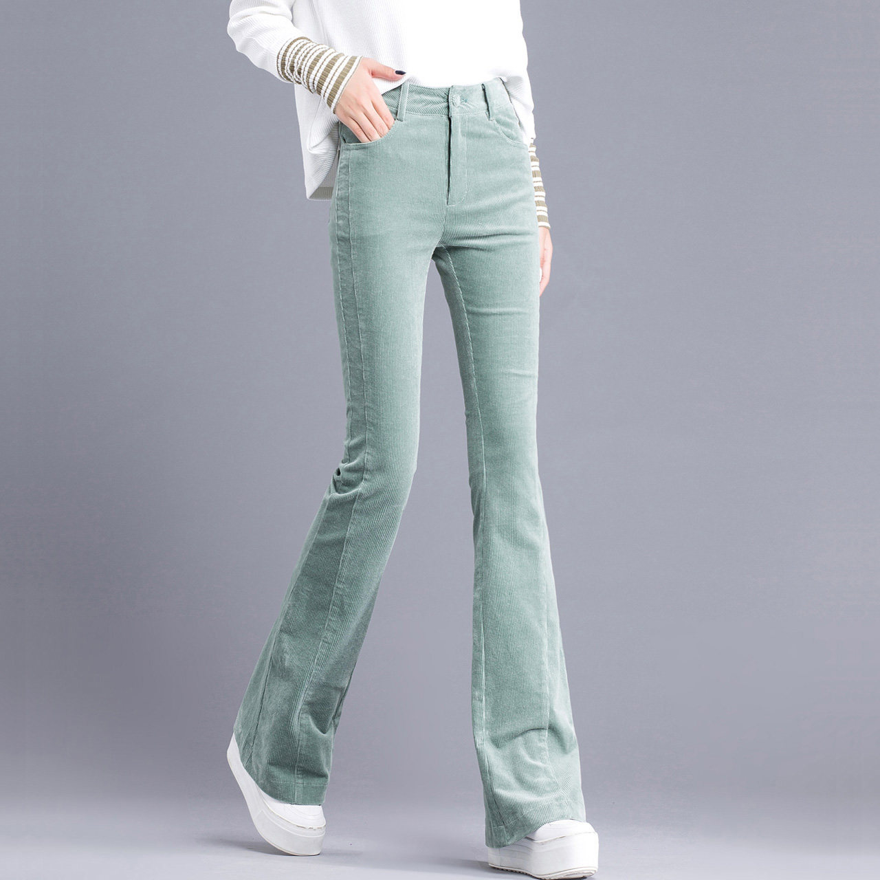 绒裤女士灯芯灯芯绒子女加厚裤子条绒高腰微喇休闲裤