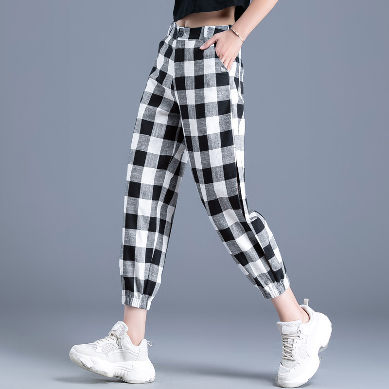 老爹棉麻千鸟格女裤裤子亚麻格子黑白薄款夏季休闲裤