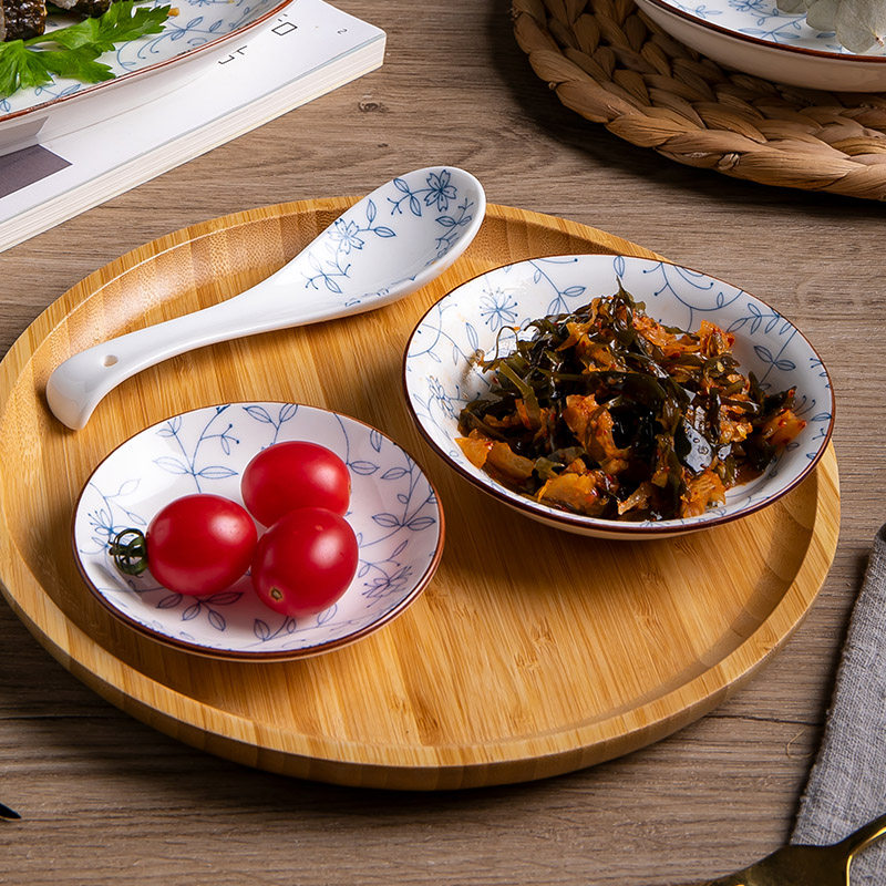 日式小碟子蘸料碟家用陶瓷小菜碟圆形碟景德镇餐具杯子勺日料餐具