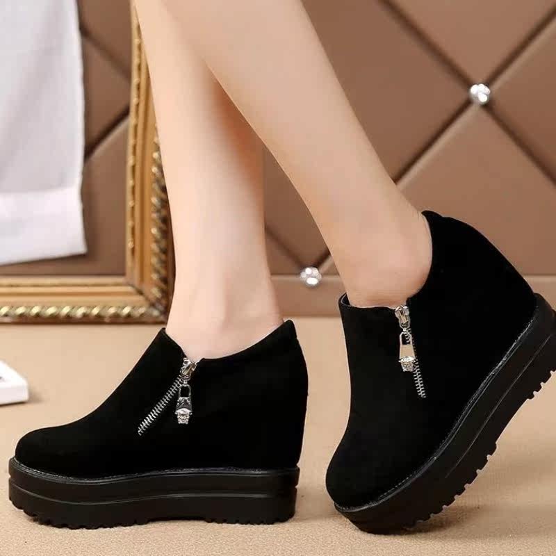 2017春秋季新款单鞋厚底松糕鞋女士内拉链坡跟防水台皮鞋女鞋 - 小