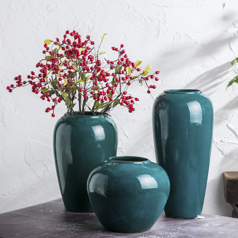 景德镇现代新中式陶瓷绿色花瓶摆件客厅插花干花花瓶