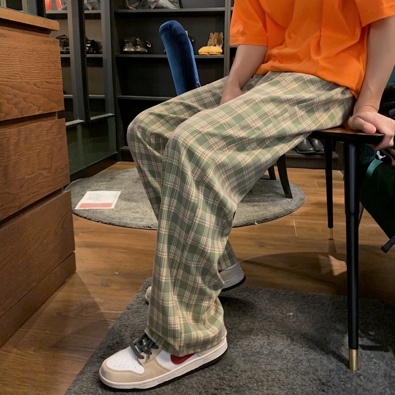 日系古着vintage裤子原创小众绿色格子裤轻欧美hiphop炸街裤子秋