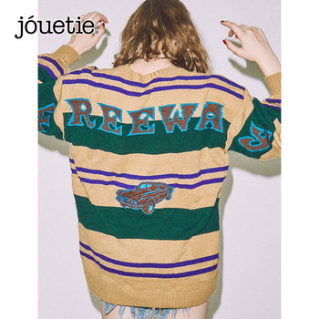 jouetie trendy brand loose large version niche outer wear lazy American embroidered letter striped sweater for women