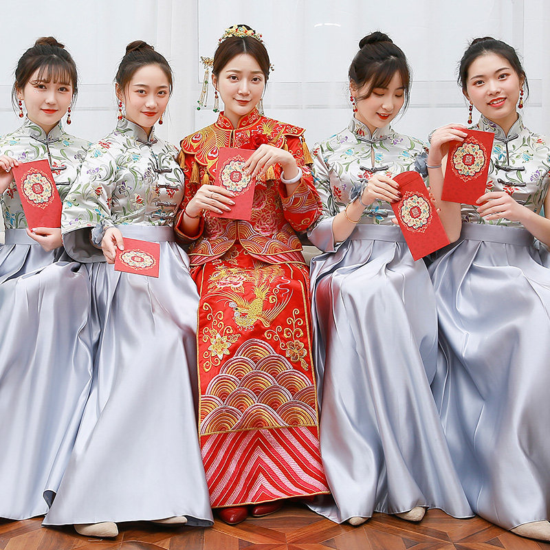 中式伴娘服2019新款中国风姐妹裙灰色闺蜜装新娘伴娘团气质礼服裙