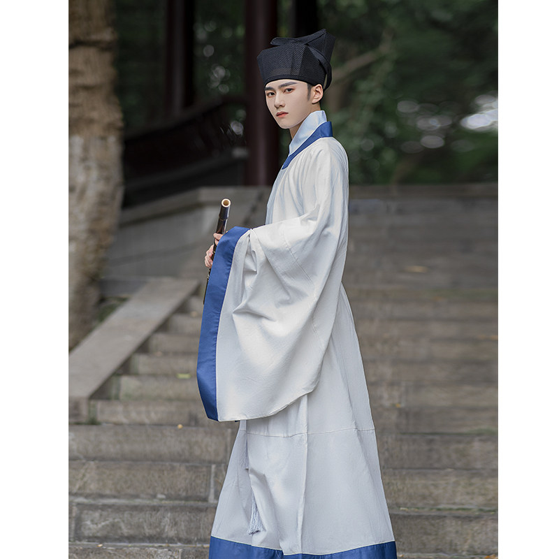 布许原创宋制汉服襕圆领袍拼色走秀学生男衣国潮汉服