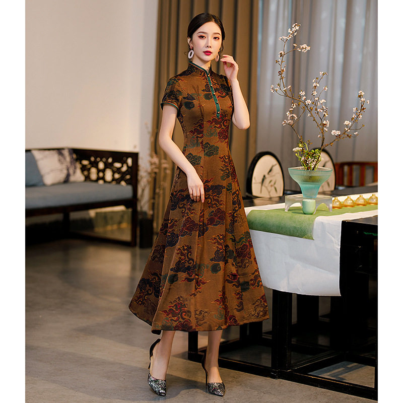 春夏季高端气质长款妈妈旗袍中国风优雅显瘦改良大摆a字连衣裙子