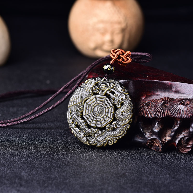 佛缘阁水晶天然金曜石曜石龙凤太极八卦吊坠男士项坠