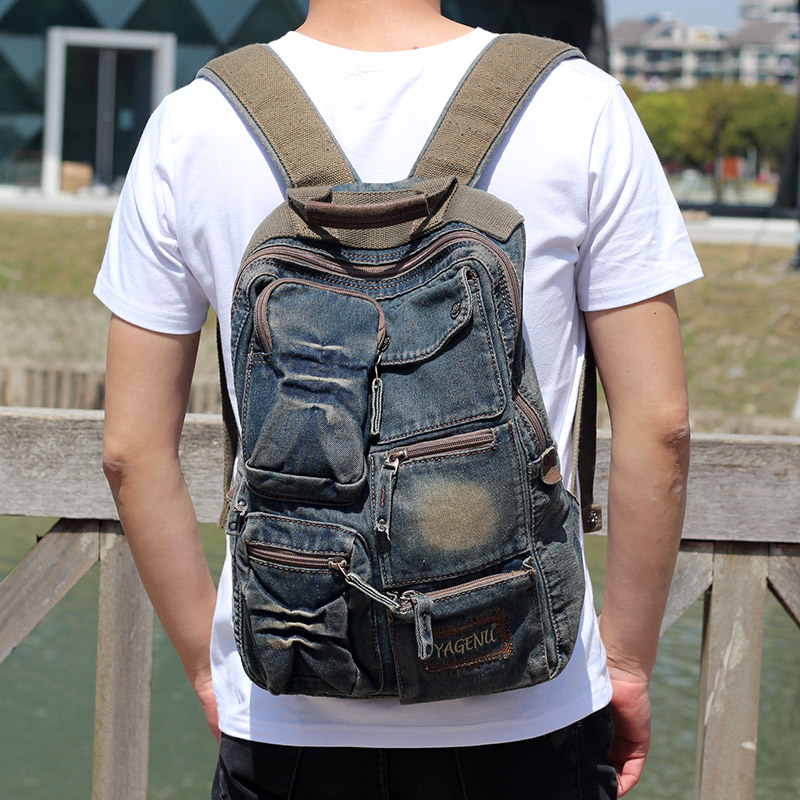 欧美复古水洗牛仔双肩包韩版男生个性游玩旅行背包女学生帆布书包