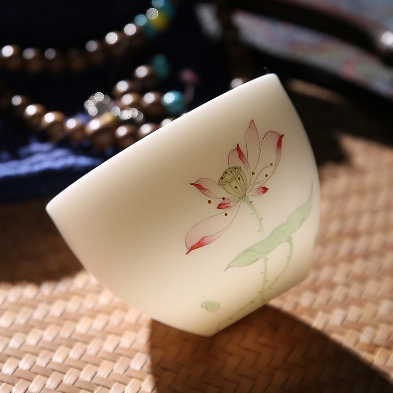 茶杯唐舍手绘荷花德化羊脂白瓷品茗功夫功夫茶茶杯