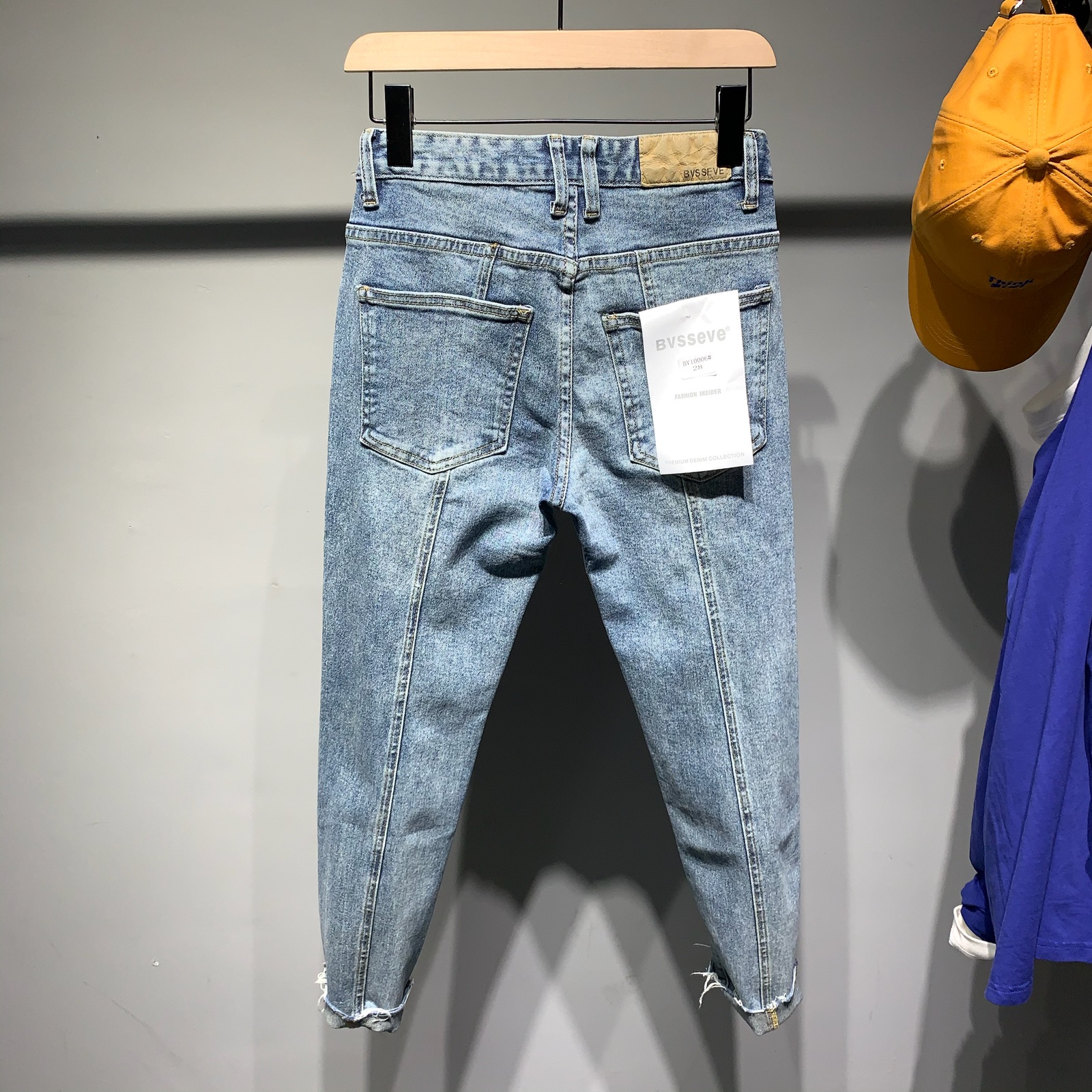 2022新品男浅蓝色拼接牛仔裤都市潮流修身毛边小脚日常百搭九分裤