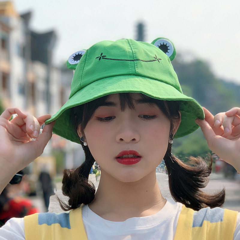 青蛙盆帽女卡通卡哇伊萌系可爱渔夫帽绿帽子亲子帽子
