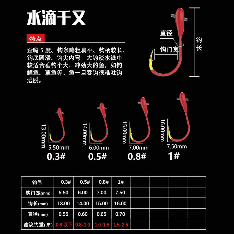 朝天钩有倒刺千又45度鱼钩散装不跑鱼铅头钩传统钓野钓鲫鱼红虫钩
