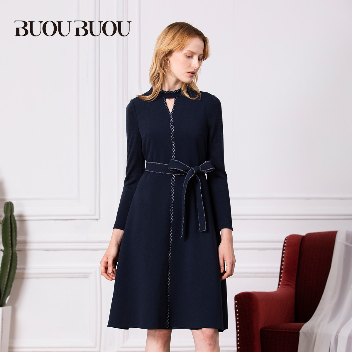 buou女装奥莱时尚蝴蝶结长袖连衣裙de3g032连衣裙