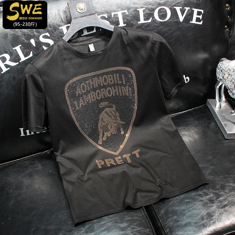 2022夏季新款短袖男欧洲站网红修身时尚金牛烫钻半袖T恤男装上衣