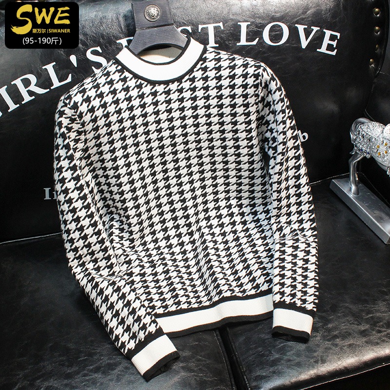 潮牌毛衫韩版千鸟格半高领针织衫男士修身秋冬季潮流新款打底毛衣