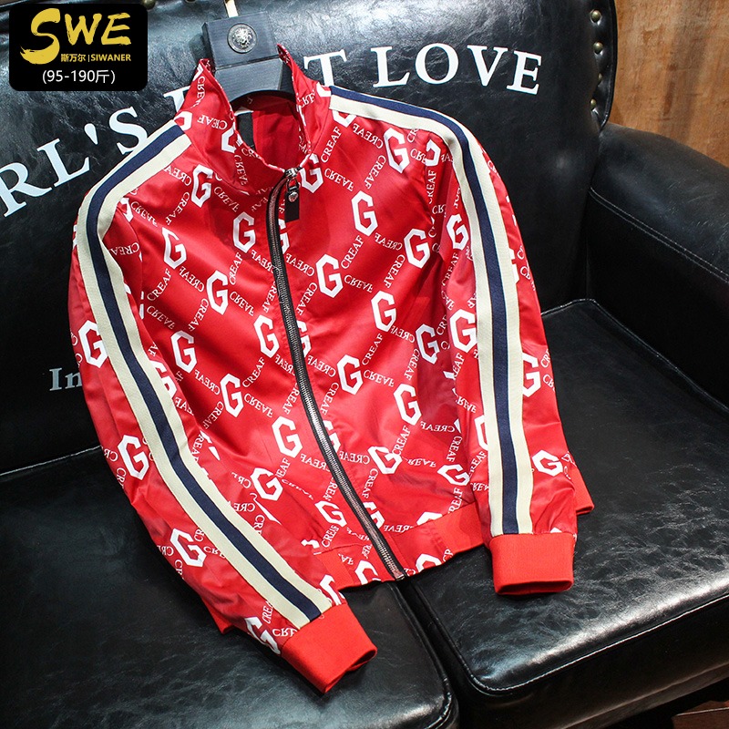 欧洲站男士外套网红潮牌褂子秋季新款红色印花欧货短款立领夹克男