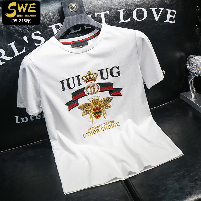 短袖t恤男个性潮流ins夏季新款宽松男装丝光棉亮片刺绣半袖体恤衫