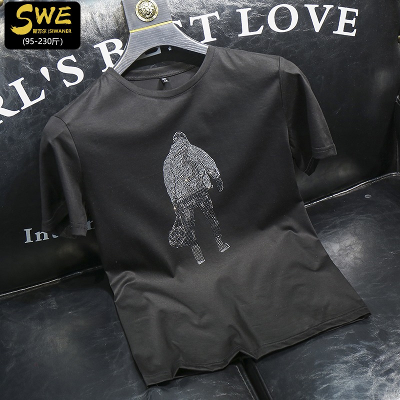 欧洲站丝光棉短袖t恤男2022夏季潮牌ins潮流烫钻大码半袖体恤男士