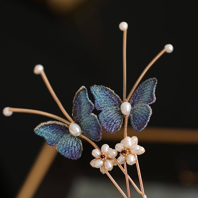 颤簪刺绣蝴蝶蓝色发簪简约现代汉服头饰配饰发饰