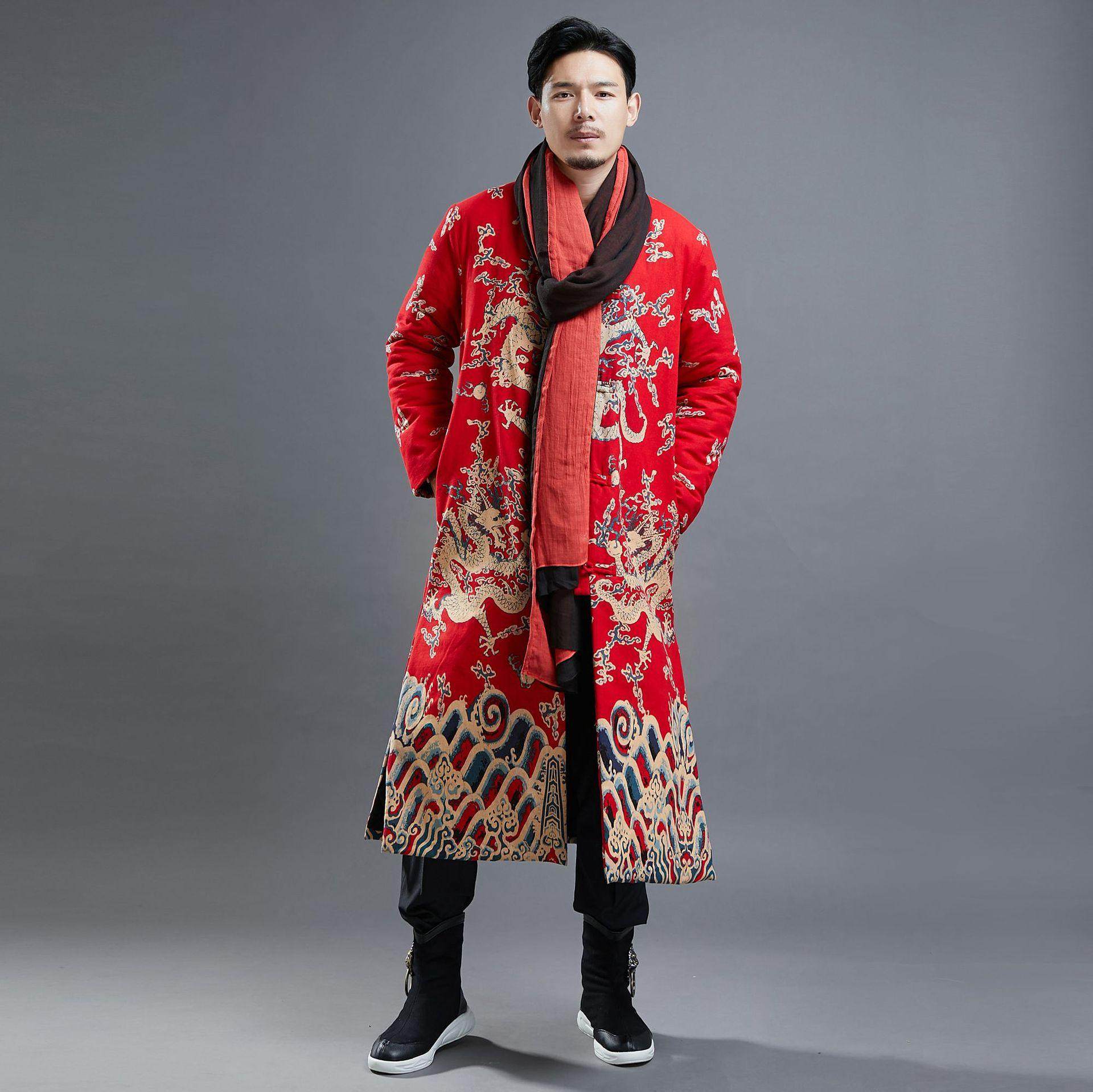 中国国风中式长袍2021龙纹对襟棉袄长衫棉服棉衣