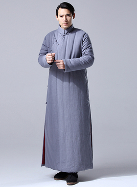 中国风男装棉麻冬保暖唐装斜襟长袍马褂民国长衫中式长款加厚棉袍卡拉