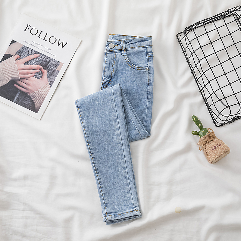 高腰加绒牛仔裤女2021春秋新款浅色紧身九分小脚裤弹力显瘦铅笔裤