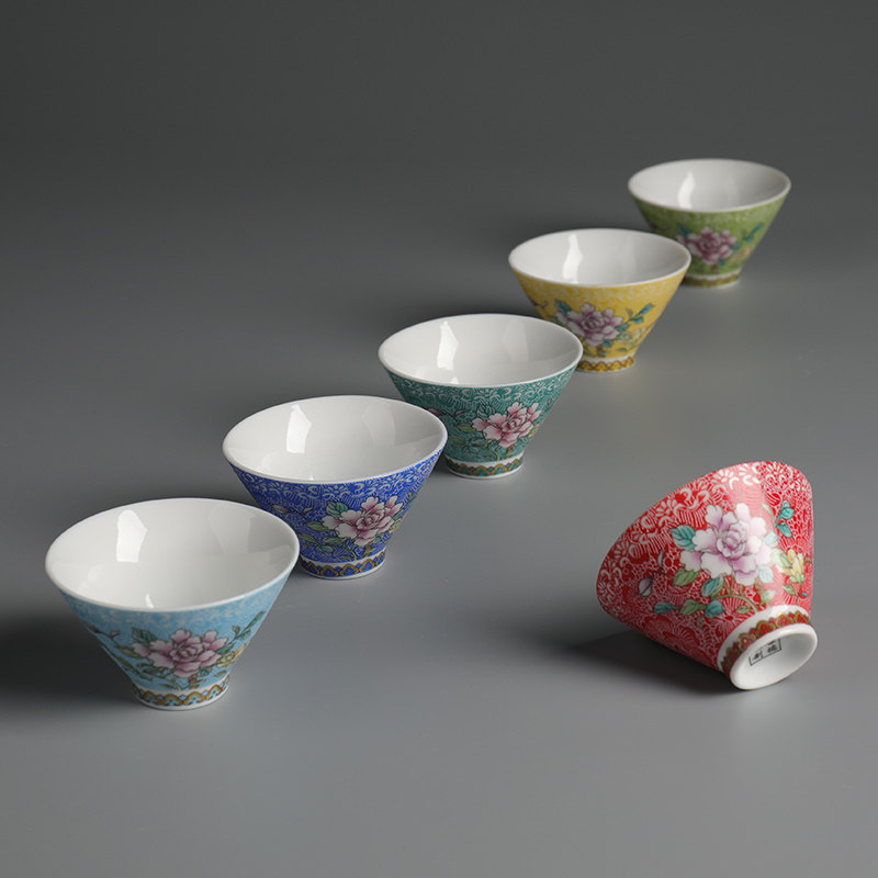 正佳佳源粉彩扒花斗笠茶杯品茗杯单杯6只茶具茶杯