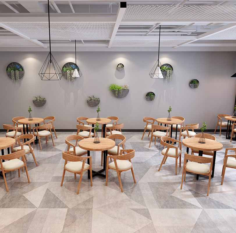 现代简约铁艺实木小圆桌子工业风餐饮店洽谈室休闲圆形餐桌椅组合