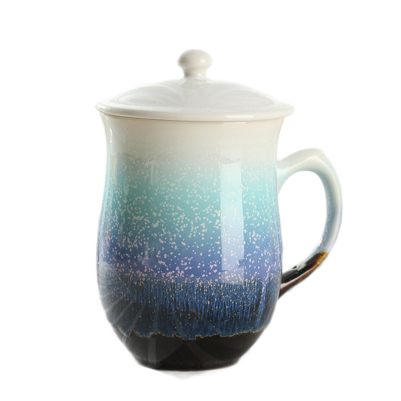乾唐轩活瓷杯月季雪晶高杯带盖手柄茶杯水杯杯子送朋友新品