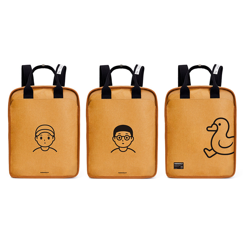 finerworld水洗牛皮纸书包双肩包方形背包潮流国潮情侣双肩背包