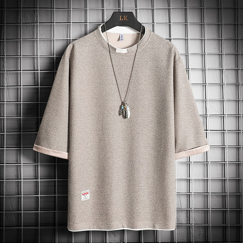 潮牌夏季短袖男ins潮流宽松大码冰丝t恤港风纯色小标五分袖打底衫