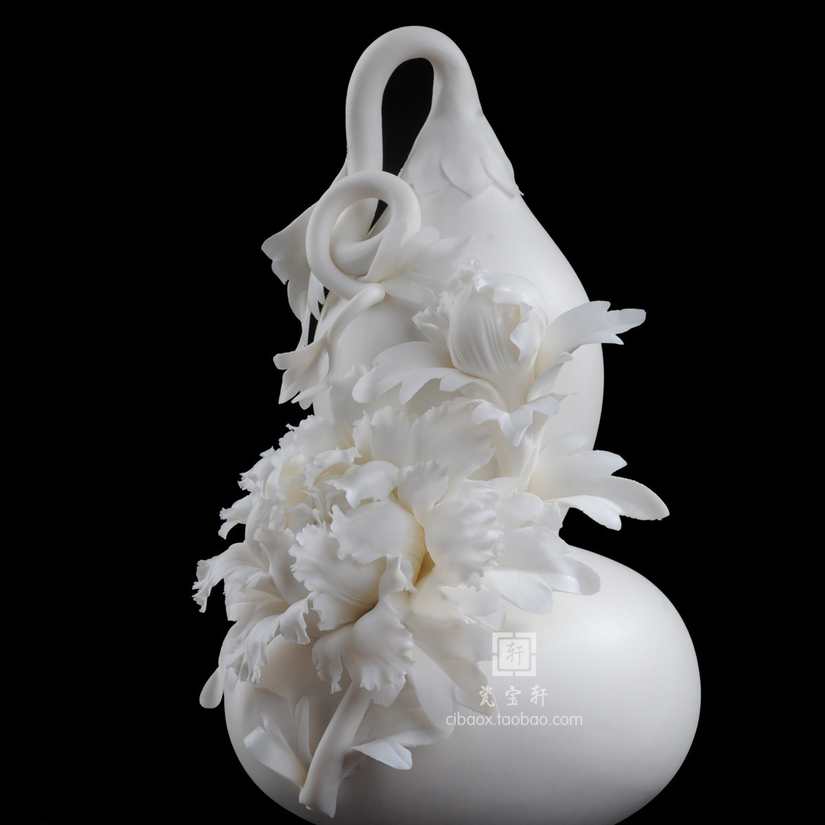 福满乾坤德化白瓷手工葫芦牡丹瓷花家居办公装饰摆件