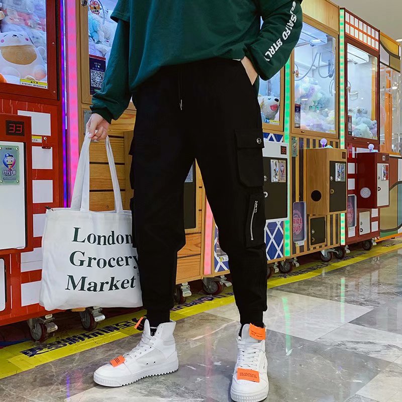 工装裤男ins潮牌束脚裤秋季九分宽松百搭机能风裤子hiphop休闲裤