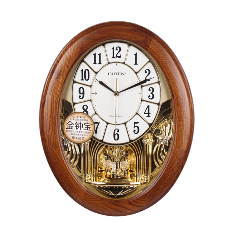 guten金钟宝钟表客厅欧式实木光控音乐报时精工挂钟