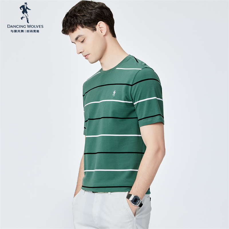 【纯棉舒适】与狼共舞条纹圆领短袖T恤男士2022夏季微弹休闲上衣