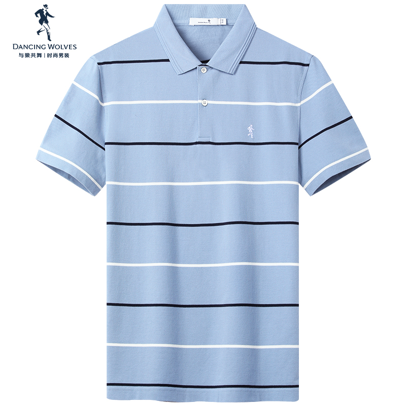 与狼共舞纯棉短袖T恤男2022夏季新款透气休闲半袖条纹翻领polo衫