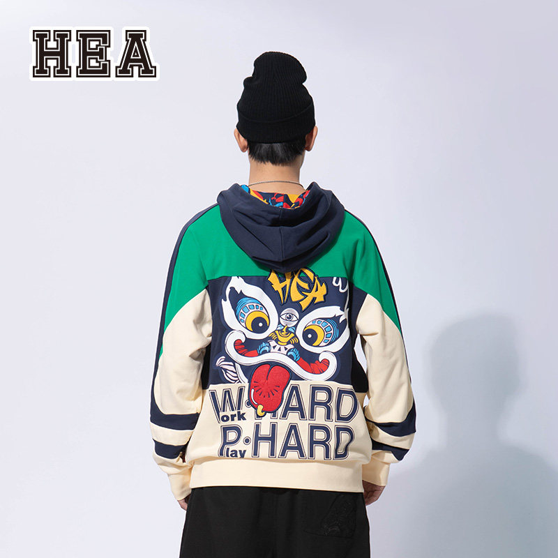 hea醒狮潮牌开心简单潮流青春个性拼接撞色印花卫衣