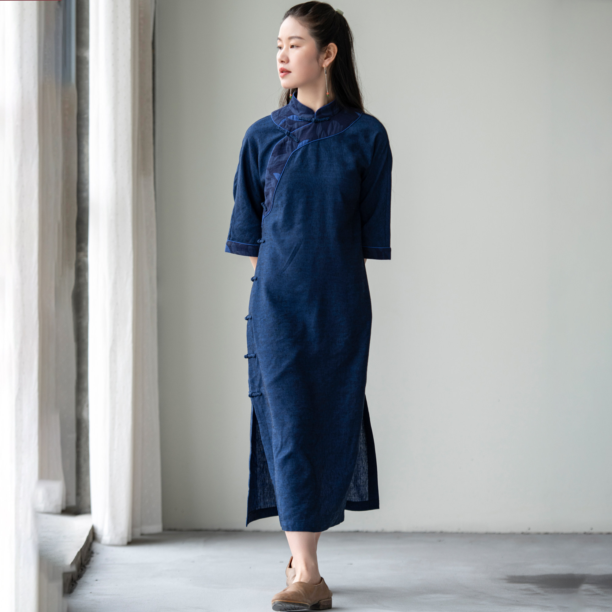 陌上花开兰襟沧笙踏歌夏季素色优雅知性旗袍亚麻答谢款